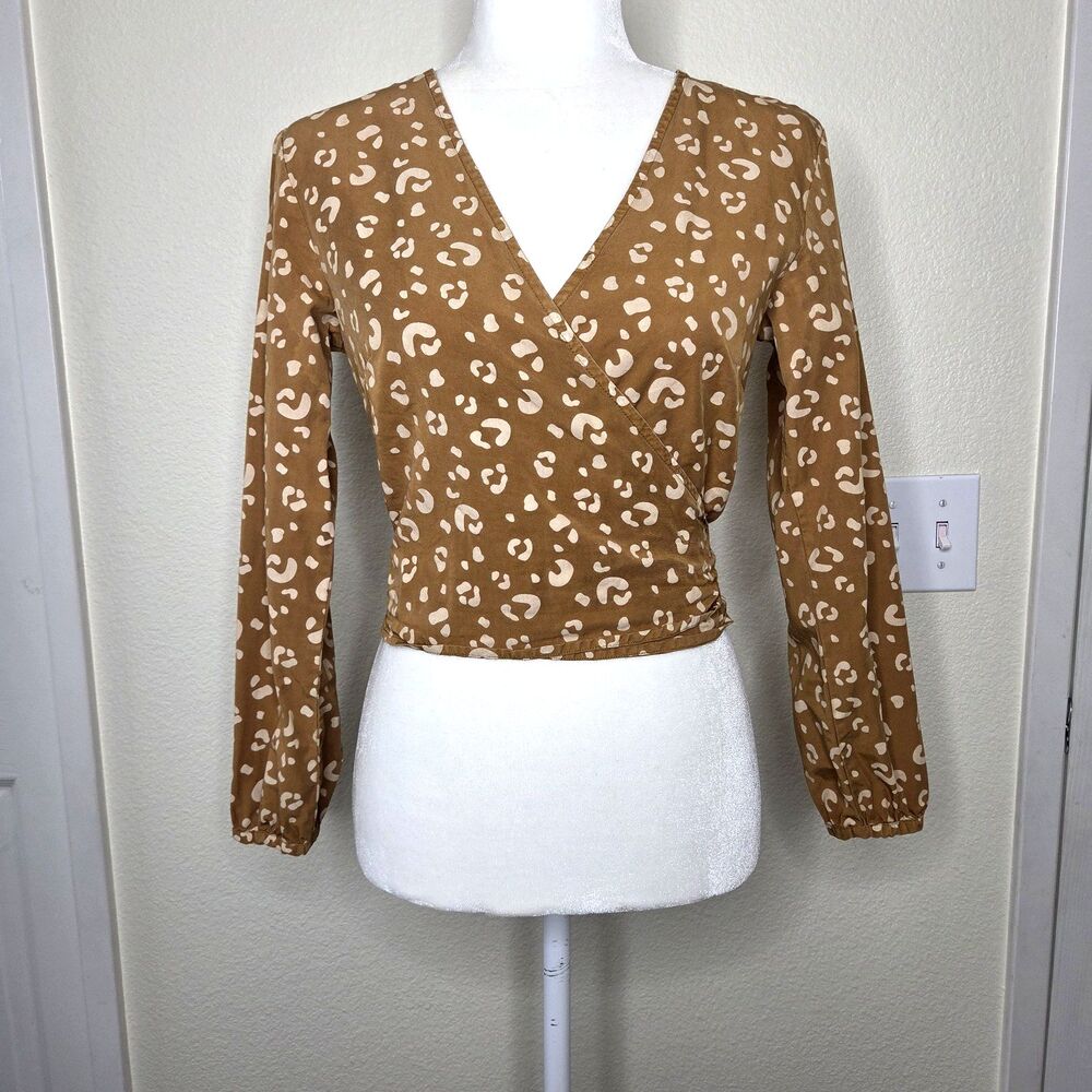 Marine Layer Carmen True Wrap Blouse Women's Medium Animal Print Mustard Top